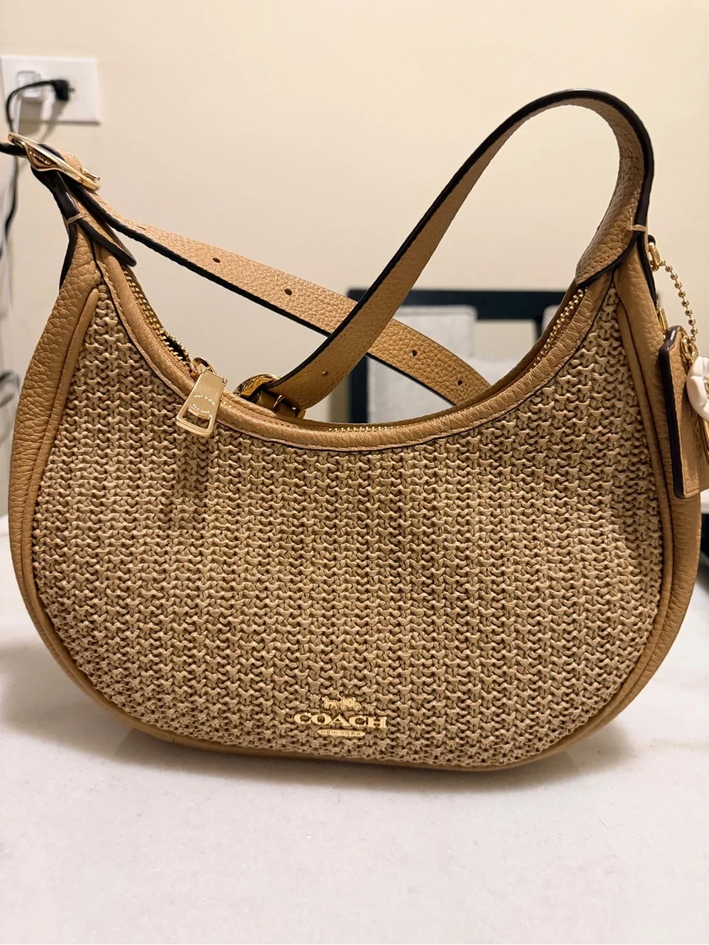 Coach Woven Crescent Hobo in Tan and Cream
